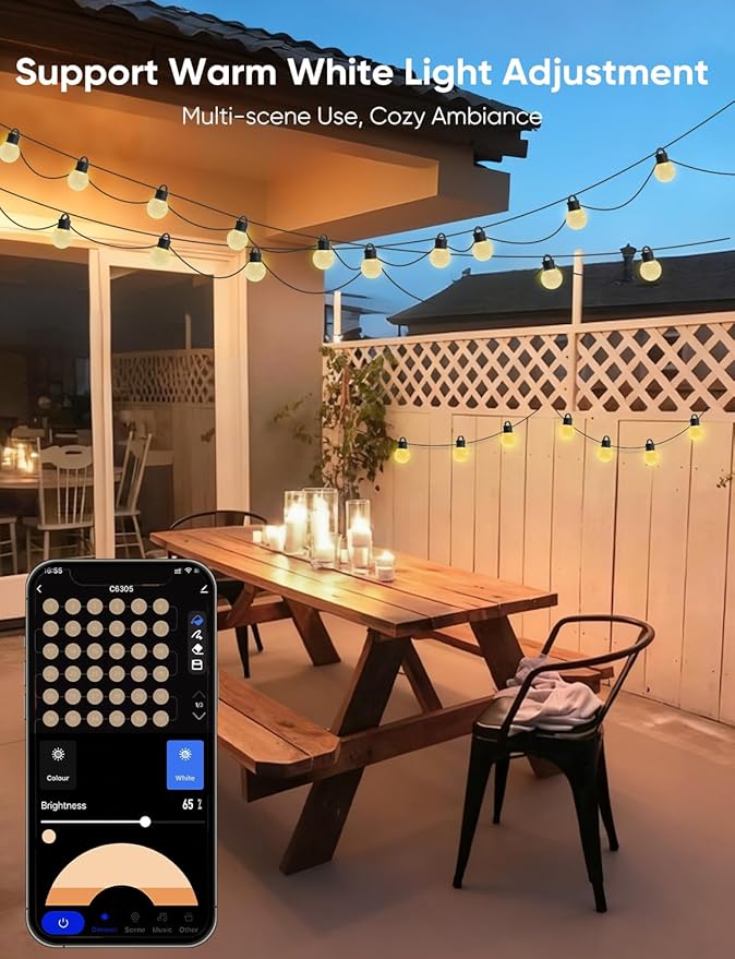 APPECK RGBW Outdoor String Lights 50ft for Patio, with 25 LED Bulbs | IP65 Waterproof, 111 Scene Modes, Dimmable Warm White, Individual Control, Music Sync, Compatible with Alexa & Google