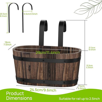 2PACK Wood Hanging Planter, Railing Planter Box, Carbonized, Small | Hanging Flower Pots, window boxes planters, For Fence Outdoor Plants, balcony planters, Countryside Style, Cute Design