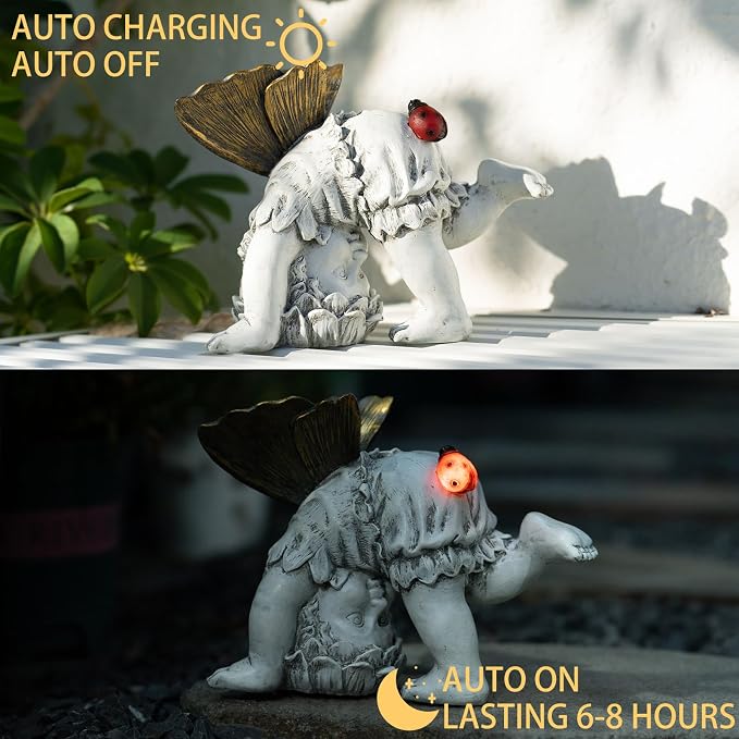 Suyorpe Solar Fairy Garden Statue Decor - Gifts for Women Mom Mother's Day, Angel Boy Resin Figurine Waterproof Home Decoration with Ladybug LED Lights for Outdoor Balcony Lawn Yard Patio