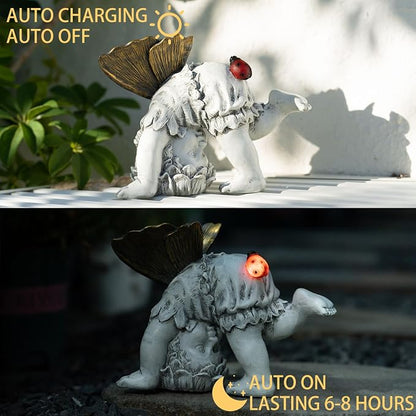 Suyorpe Solar Fairy Garden Statue Decor - Gifts for Women Mom Mother's Day, Angel Boy Resin Figurine Waterproof Home Decoration with Ladybug LED Lights for Outdoor Balcony Lawn Yard Patio