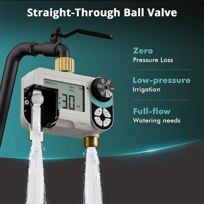 QUOBAS Zero Pressure Sprinkler Timer with Child Lock, Programmable Water Timer for Garden Hose with Brass Ports, Rain Delay/Manual/Auto Irrigation System, 2 Zone Watering for Rain Barrel, 2 Pack