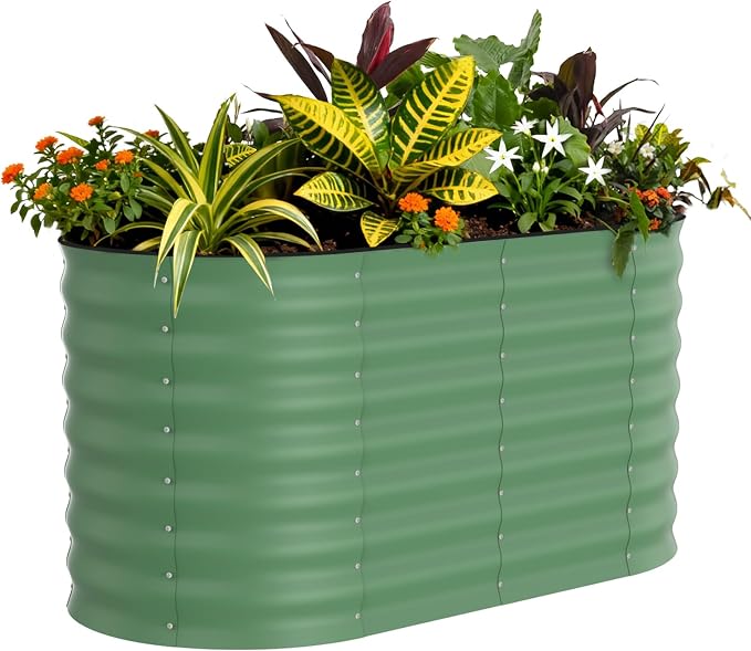 Garvee 4x2x2ft Galvanized Raised Garden Bed, Oval Metal Planter Box with Anti-Cut Safety Edges, 119 Gallons Rust-Resistant Deep Root Planter for Outdoor Vegetables, Flowers, Herbs, Green