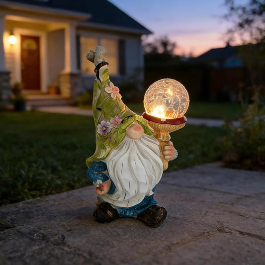 Garden Gnome Solar Light StatueOutdoor Decorative Statue | Gnome With Crackle Glass Globe, Blue & White Floral Design, Waterproof LED Yard Art for Patio, Lawn, Garden,Gift for Women