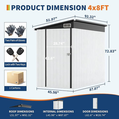 GarveeLife 4×8 ft Lean to Storage Shed, Heavy-Duty Outdoor Metal Storage Shed, Garden Tool Metal StorageHouse W/Lockable Door and 2 Air Vents