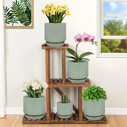 Ceramic-5-inch-Flower-Pots-with-Saucer, Small Planters for Indoor Plants with Drainage Hole, White Textured Vertical Stripe Plant Pots for Home Decor, Garden Pot For Succulent Cactus Mint Basil Herb