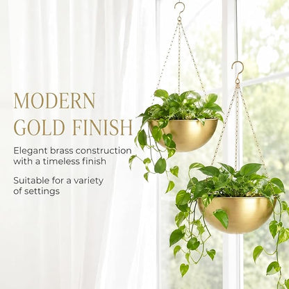 AceList Gold Hanging Planter for Indoor Plants, Set of 2-9.8 Inch Boho Metal Plant Hanger with Hooks & Chain, Brass Finish Hanging Plant Holder for Window, Ceiling & Living Room Decor