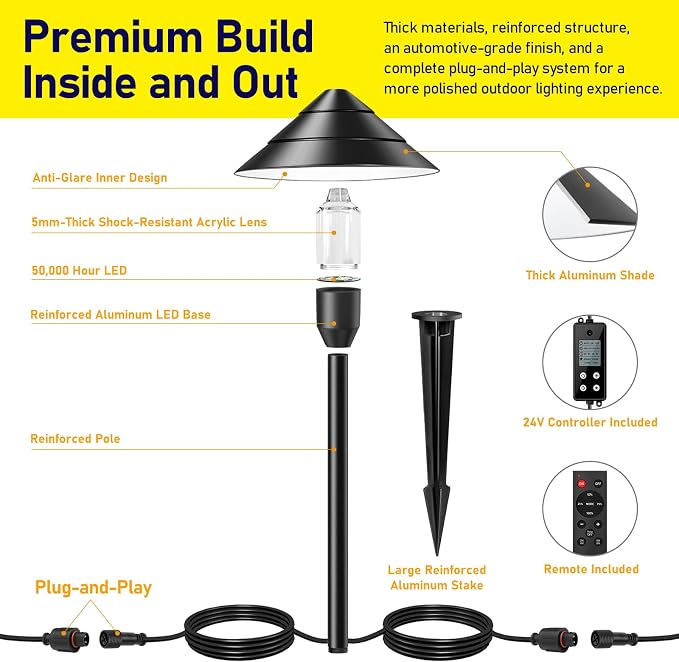 12-Light Low Voltage Landscape Lighting System, 8 Pathway Lights & 4 Spotlights, 60W 24V ETL Controller, Plug-and-Play, IP65 Waterproof, Remote & Timer, 3000K Warm White, 127FT for Path Garden