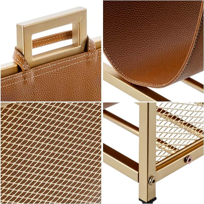 MyGift Modern Gold Tone Metal Firewood Stand with Brown Leatherette Wood Holder Sling, Wire Mesh Design and Top Carrying Handles, Compact Log Splits Kindling Storage Rack