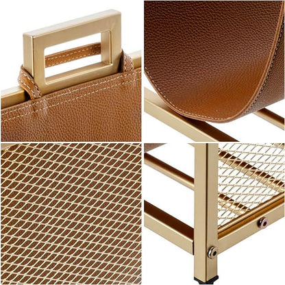 MyGift Modern Gold Tone Metal Firewood Stand with Brown Leatherette Wood Holder Sling, Wire Mesh Design and Top Carrying Handles, Compact Log Splits Kindling Storage Rack
