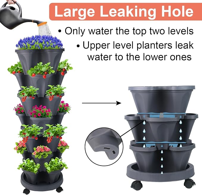 GameXcel Vertical Planter Tower - 7 Tier Stackable Garden Planters with Wheels and Tools Plant Pots for Strawberry Herb Flower and Vegetable Indoor Outdoor Use Dark Gray