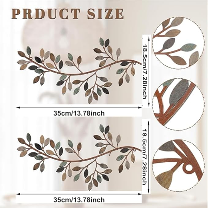 Hotop 2 Pieces Metal Tree Leaf Wall Decor Vine Olive Branch Leaf Wall Art Wrought Iron Scroll Sculptures Above the Bed, Living Room, Outdoor Decoration(Classic Style,Classic Color)