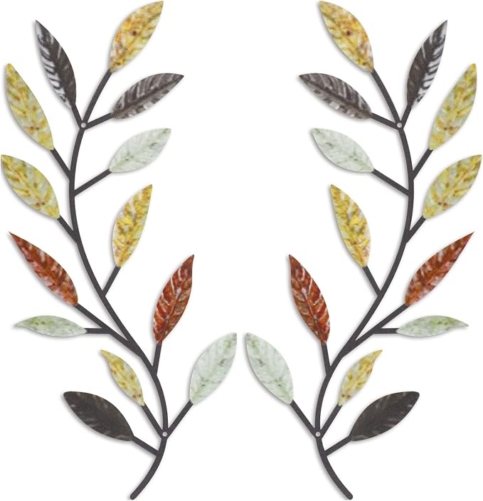 Zhengmy 2 Pieces Metal Tree Leaf Wall Decor Vine Olive Branch Leaf Wall Art Living Room, Hallway Wall Decor Outdoor Decoration(Multi Color)