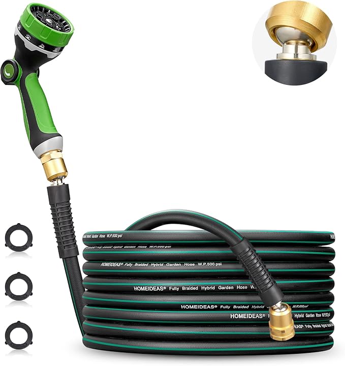 HOMEIDEAS 25 ft Rubber Garden Hose with Nozzle - Newly Leak-proof & Kink-free Design | Freely Rotational Spherical Ball Joint, Anticorrosive 3/4" Brass Fittings - Perfect for Outdoor Watering
