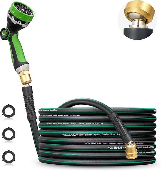 HOMEIDEAS 25 ft Rubber Garden Hose with Nozzle - Newly Leak-proof & Kink-free Design | Freely Rotational Spherical Ball Joint, Anticorrosive 3/4" Brass Fittings - Perfect for Outdoor Watering