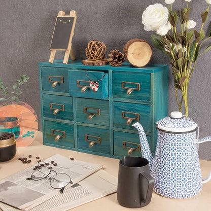 Apothecary Drawers Apothecary Cabinet with Drawers, Blue | 9 Drawer Library Card Catalog, Wooden Storage Box, Wooden Desktop Organizer with Metal Handles-Fulled Assembled