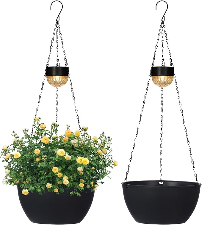 SUNNYPARK 2 Pack Solar Hanging Planters for Plants Outdoor | Self Watering, Black Flower Pots with Solar Light, Hanging Garden Planters with Drainer for Balcony Patio Outdoor Decor