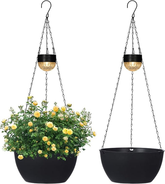 SUNNYPARK 2 Pack Solar Hanging Planters for Plants Outdoor | Self Watering, Black Flower Pots with Solar Light, Hanging Garden Planters with Drainer for Balcony Patio Outdoor Decor