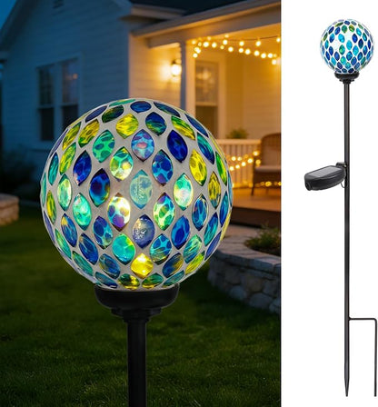 VCUTEKA Solar Lights Outdoor Decorative - Waterproof Mosaic Solar Garden Light, LED Pathway Stake for Landscape Lawn Patio Yard, Solar Globe Lights Outdoor, 1 Pack Green Yellow