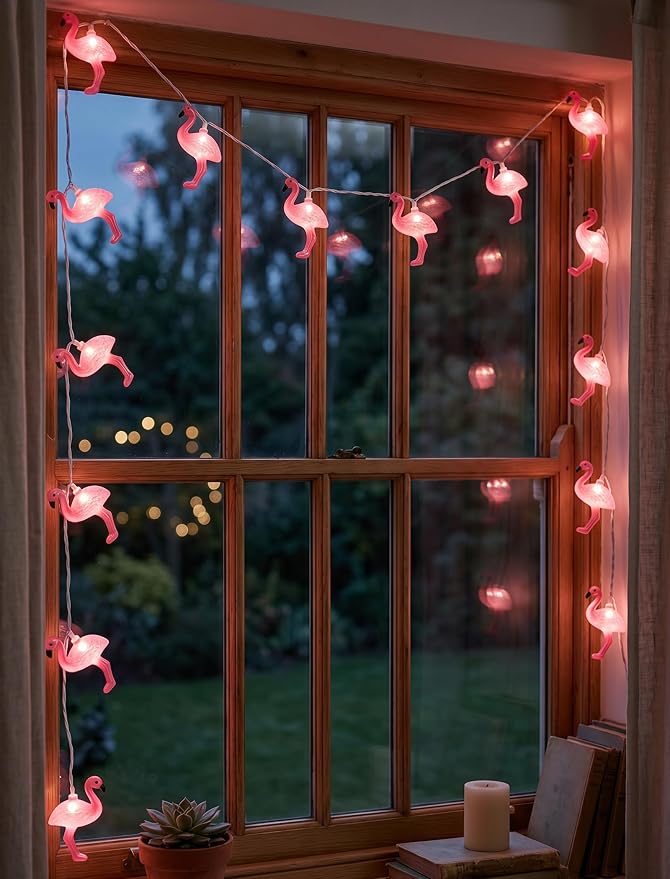 Summer Themed Pink Flamingo String Lights, 8.5Ft Tropical Beach Flamingo Decor Lights, Indoor/Outdoor Party Lights for Bedroom Birthday Wedding Holiday Hawaiian Tiki Tropical Party Décor