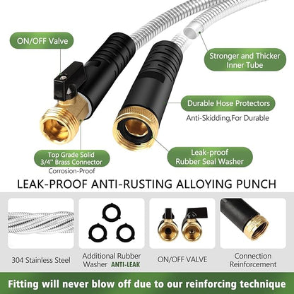 Metal Garden Hose 25 ft Stainless Steel Water Hose Heavy Duty Flexible Lightweight Durable Long No Kink Hoses Pipe with 10 Function Nozzle Strong 3/4’’ Solid Brass Fitting for Outdoor Yard