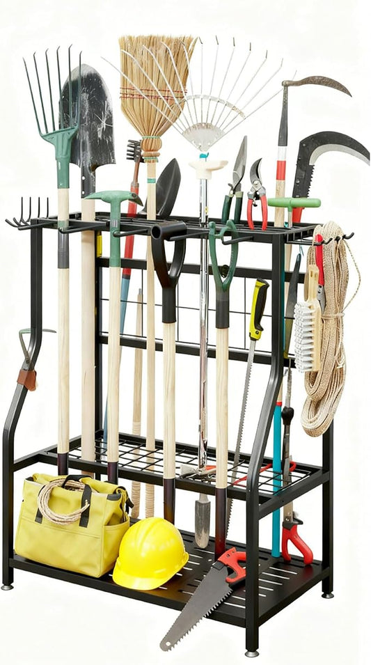 Garden Tool Organizer Yard Tool Tower Rack Shed Organization | Garage Organizers Yard Tool Organizer Heavy Duty Storage up to 60 Long Handled Sturdy Metal Steel Holder with Hooks