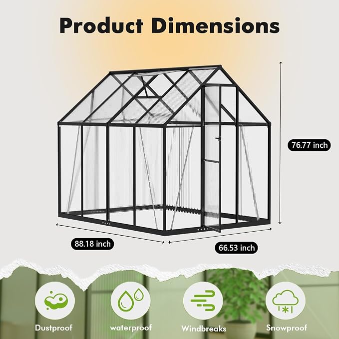 6X7.5FT Enhanced Aluminum Small Greenhouse for Outdoors with Thermometers | Easy Assembly, UV-Resistant Panels, Built-in Reinforcement, Lockable Sliding Door, Roof Vent, For Vegetable, Flower and Herb