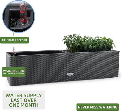 Dexceder 31.5 Inch Self Watering Rail Window Box with Bracket (Deep Gray) | Thickened Large Rattan Planter Flower Plant Pot with Water Level Indicators Indoor Outdoor