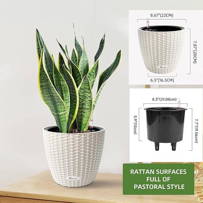 Dexceder 9x8 Inches Rattan Self Watering Planter Indoor Outdoor, Inner Pot Design, Thickened Table Flower Plant Pot with Water Level Indicator (Ivory White) | Inner Pot Design, Thickened Table Flower Plant Pot with Water Level Indicator Indoor Outdoor