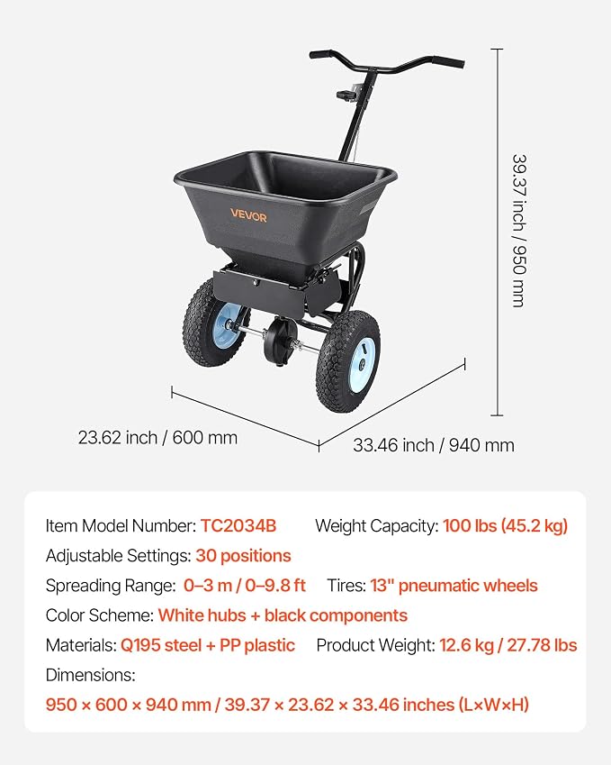 VEVOR Broadcast Spreader, 100LBS Capacity, Walk-Behind Push Spreader, 0-9.8ft Spreading Width, 13 in All Terrain Pneumatic Tires, Fertilizer Spreaders with Hopper Grate, for Seed Salt Ice Melt