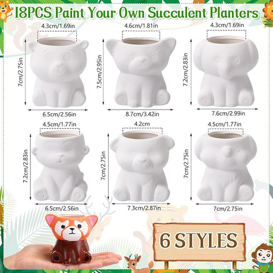 Leitee 18 Pcs Paint Your Own Ceramic Pot Bulk 2.95 Succulent Pots Ready to Paint Small Pot Mini Succulent Planters Pottery Painting for Summer Classroom Craft Gift DIY Art Activity (Cute Animals)