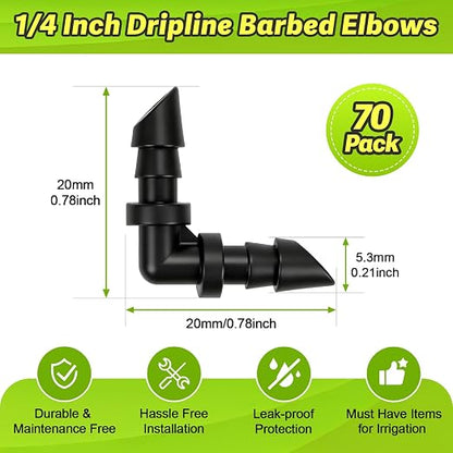 70 Pack 1/4" Drip Irrigation Elbow Fittings：1/4'' Drip Line Double Barbed 90 Degree Elbow Connectors for 1/4 Inch Irrigation Tubing Plastic Micro Fittings for Garden Drip Systems