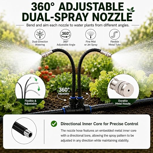 50Ft 1/2" Tubing High-Flow Drip Irrigation System, 360° Adjustable Garden Watering System with 30 Nozzles, Dual-Side Watering Kit for Raised Beds, Greenhouses & Efficient Plant Irrigation