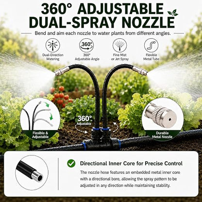 50Ft 1/2" Tubing High-Flow Drip Irrigation System, 360° Adjustable Garden Watering System with 30 Nozzles, Dual-Side Watering Kit for Raised Beds, Greenhouses & Efficient Plant Irrigation