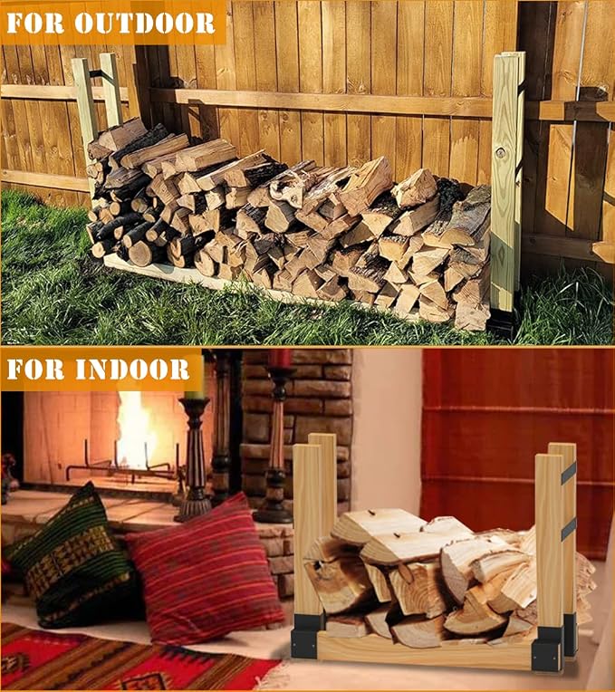 Outdoor Firewood Rack Brackets Kit for Fire Wood Pile Storage, Adjustable log stacking Stand Holder for 2x4 lumber, Black, Set of 2