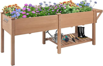 ketive Raised Garden Bed with Legs Outdoor,Elevated Garden Box,Storage Shelf, Protective Liner for Backyard,Patio,Balcony,80x23x30in (Brown)