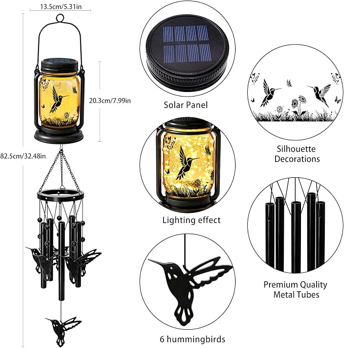 2 Pack Solar Hummingbird Wind Chimes for Outside, Birthday Mother' s Day Gifts for Mom Women Grandma,Solar Hummingbird Wind Chime Light Hanging Wind Chimes Outdoor,IP65 Waterproof, Yard Garden Terrace
