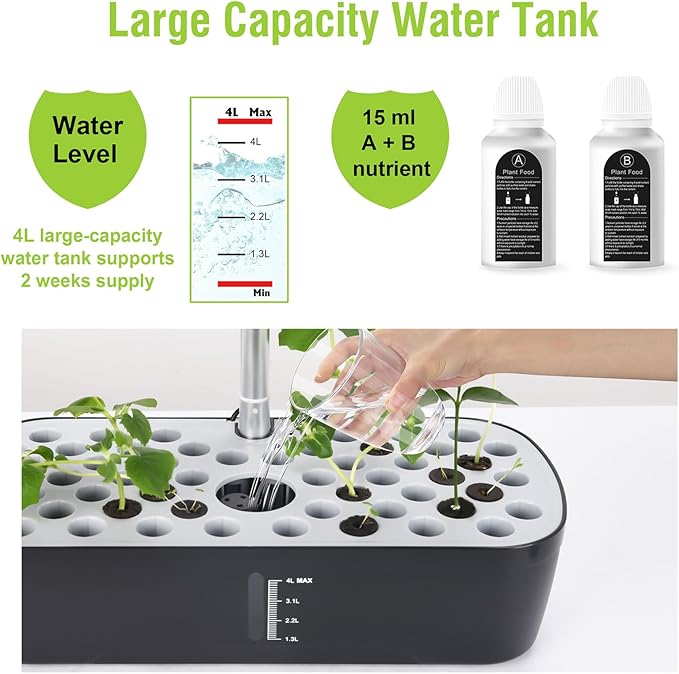52 Pods Smart Hydroponics Growing System Indoor Herb Garden with Auto Timer | 24W Full-Spectrum Grow Light, 4L Water Tank, Quiet Pump, Height Adjustable, Great for Herbs Veggies in Kitchen & Office