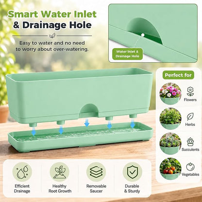 6 Pack Rectangle Planter 16x4.4 Inch Window Boxes Planters Rectangular Window Sill Planters Indoor Self Watering Plant Pots with Drainage Holes and Saucers Succulent Herb Flower Pots, Green