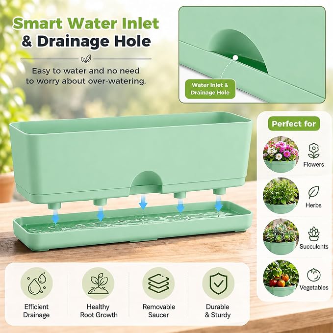 6 Pack Rectangle Planter 16 Inch Window Boxes Planters Rectangular Window Sill Planters Indoor Self Watering Plant Pots with Drainage Holes and Saucers Succulent Herb Flower Pots, Macaron Color
