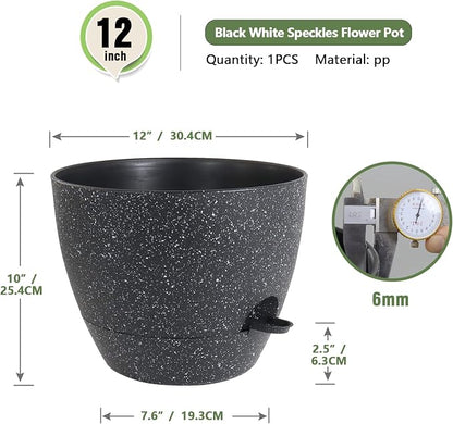 Meowell 12 inch Large Self Watering Pots for Indoor Outdoor Plants, Flower Plant Pots with Mesh Drainage Holes for Garden House Plants, Plastic Planters with Reservoir for Home Decor, Speckled Black