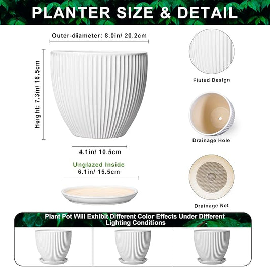 8 Inch Plant Pot, Ceramic Planters for Indoor Plants, Round Pots for Plants with Drainage Hole and Saucer, Modern Decorative Flower Pots, Office Bedroom Decor, Gifts for Plant Lovers, White