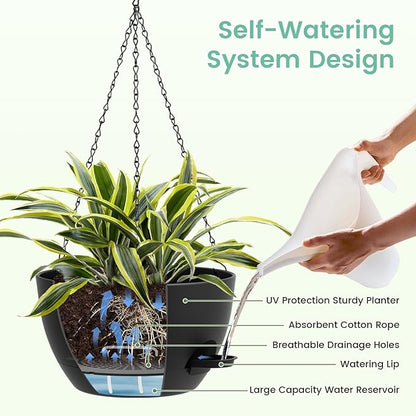 UOUZ Set of 3-10 Inch Self Watering Hanging Planters for Indoor & Outdoor，Hanging Plant Pots with Drainage & Removable Tray, Hanging Pots Holder for Ivy, Spider Plants, Ferns, Balcony & Patio, Black