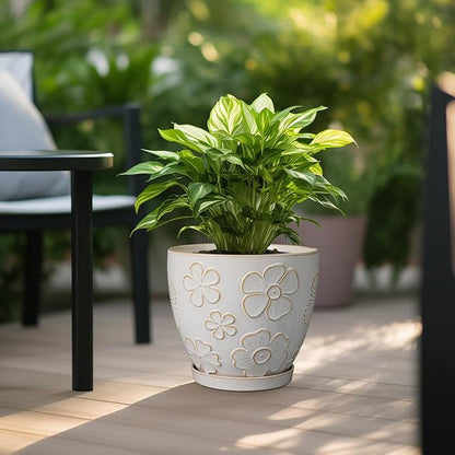 MPotTo 10 Inch Ceramic Planter Pot Large Plant Pot for Indoor Plants Outdoor Round Flower Pot with Drainage Hole and Saucer for Home Garden Decor White