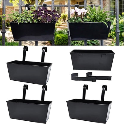 12" Balcony Railing Planters, Outdoor Hanging Planter for Fence, Stylish Metal Porch Deck Flower Pot for Herbs & Succulents (Rectangular-Black, Pack of 4)