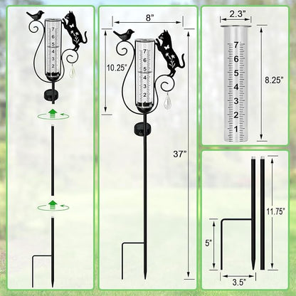 Solar Black Cat & Bird Metal Stake with Glass Rain Gauge, Outdoor Yard Lawn Pathway Garden Decor