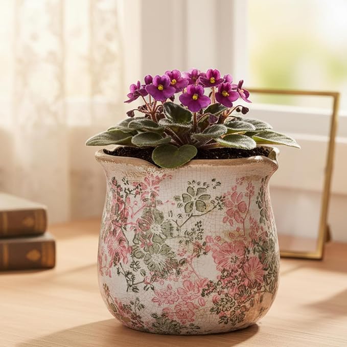 Ceramic Pots for Plants, Vintage Plant Pot with Drainage Hole, 6.11in. Planter for Indoor Plants, Crackle Glaze Finish Flower Pot, Perfect Tuscan Ceramic Planter for Gardening, Pastel Meadow