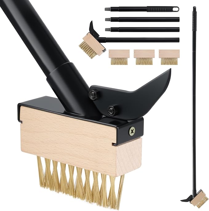 Mitclear Weed Moss Remover Brush with Long Handle(57IN), Crack Weeder Moss Removal Tool with Wire Brush & Scraper, Weed Puller Crevice Cleaning, Remove Weeds on Roof Deck Driveway Paver(4 Brushes)