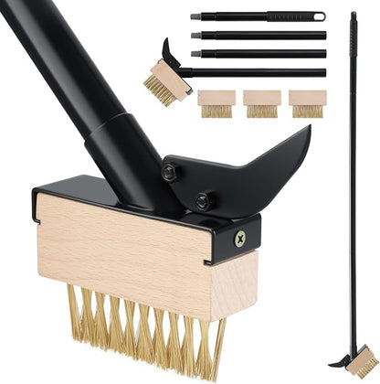Mitclear Weed Moss Remover Brush with Long Handle(57IN), Crack Weeder Moss Removal Tool with Wire Brush & Scraper, Weed Puller Crevice Cleaning, Remove Weeds on Roof Deck Driveway Paver(4 Brushes)