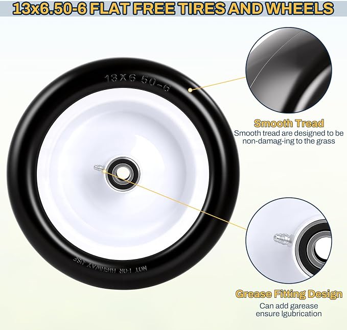 13x6.50-6 Flat Free Lawn Mower Tires and Wheels, 1/2" 3/4" 5/8" Ball Bearings, 13x6.5-6 Solid Front Tire for Zero Turn Lawnmower, Smooth Tires for Commercial Grade Lawn, 5.5"-7.5" Centered Hub, 2 Pack