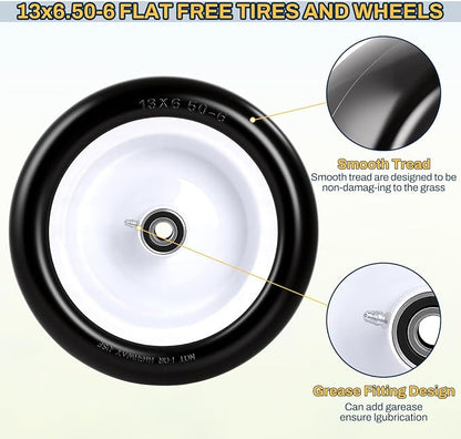 13x6.50-6 Flat Free Lawn Mower Tires and Wheels, 1/2" 3/4" 5/8" Ball Bearings, 13x6.5-6 Solid Front Tire for Zero Turn Lawnmower, Smooth Tires for Commercial Grade Lawn, 5.5"-7.5" Centered Hub, 2 Pack